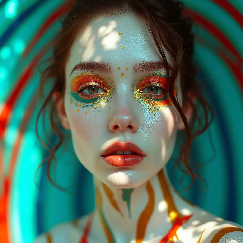 Wide angle shot, retro lunapark, Dramatic Young woman porcelain abstract white liquid face, wearing futuristic bailman navy white stripes from extremely detailed bright woven neon effect, gold red blue and green fabric, wide angle, dramatic lunapark very bright sunlight on face, light Shadow games, half face covered with geometric images from paint, thin spots of gold neon