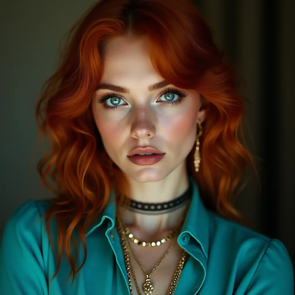 A woman with red hair and blue eyes many chains turquoise blouse