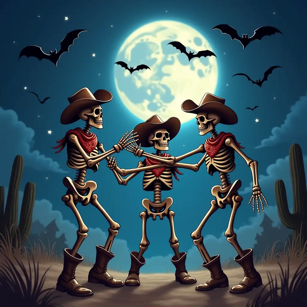 Three skeletons dressed in cowboy attire, dancing under a full moon. Bats fly around them, and stars twinkle in the night sky. The skeletons are wearing boots, hats, and bandanas, and they are holding hands and twirling. Western perspective background at night under moonlight