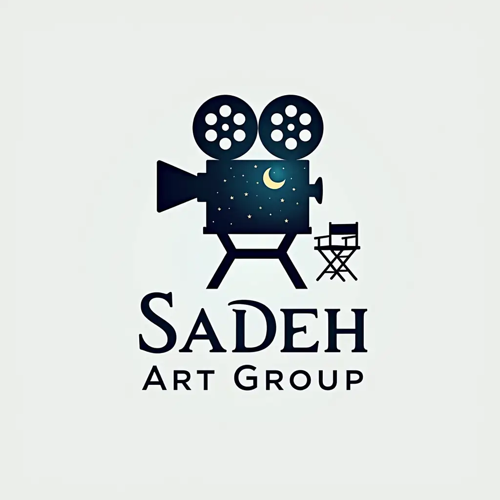 Design a logo for a filmmaking art group named 'Sadeh Art Group.' The logo should incorporate a movie camera as the central symbol, representing filmmaking. Include elements of the night sky (stars, moon, or a dark blue gradient) to evoke creativity and inspiration. Add a director's chair subtly integrated into the design to symbolize leadership and vision in filmmaking. The group's name, 'Sadeh Art Group,' should be prominently displayed in a modern, artistic font that complements the cinematic theme. The overall design should feel elegant, creative, and professional, reflecting the group's dedication to the art of filmmaking.