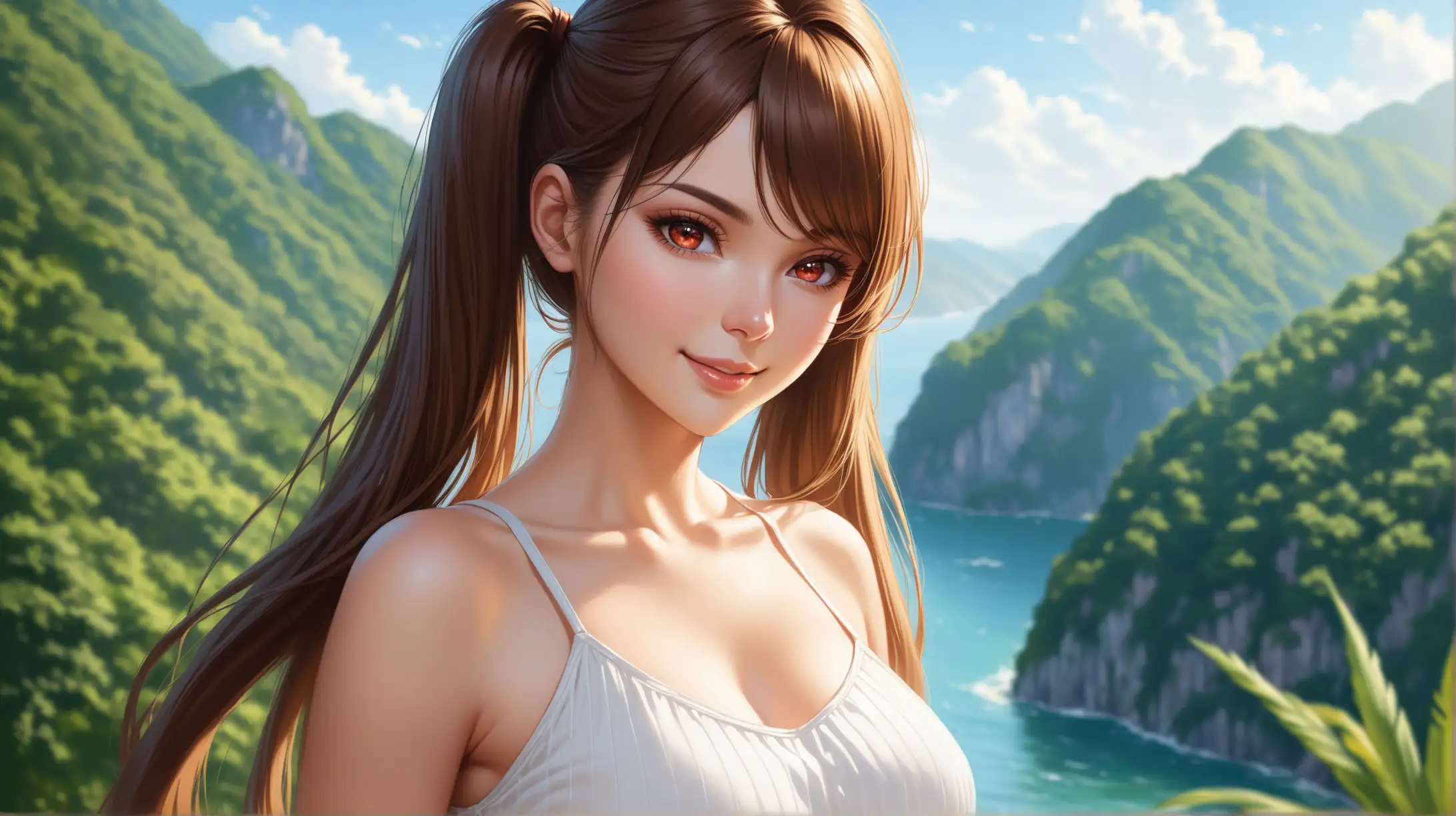 Seductive Summer Portrait of a Woman with Long Brown Hair and Scarlet Eyes