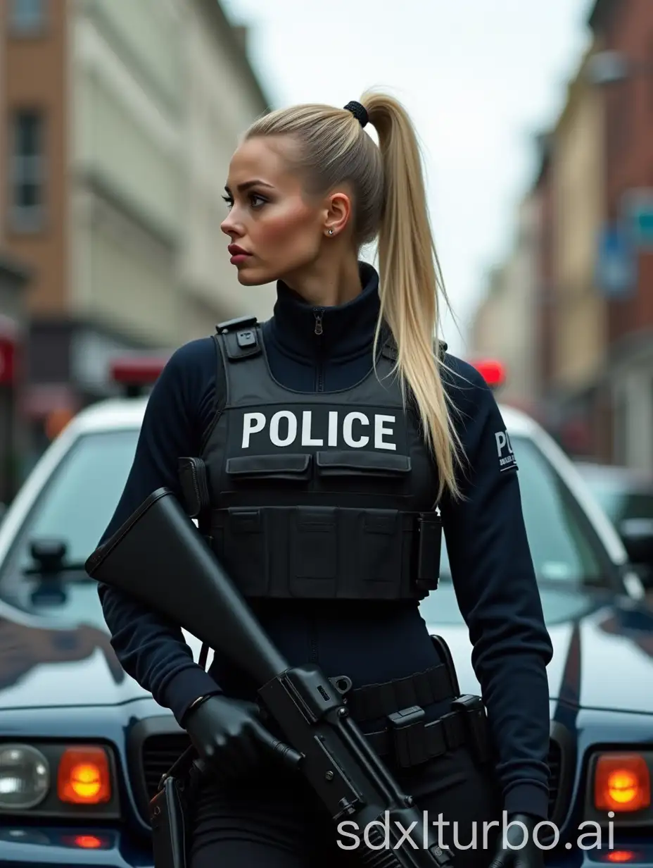 Blonde-Glamour-Model-in-Police-Combat-Gear-Standing-by-Police-Car