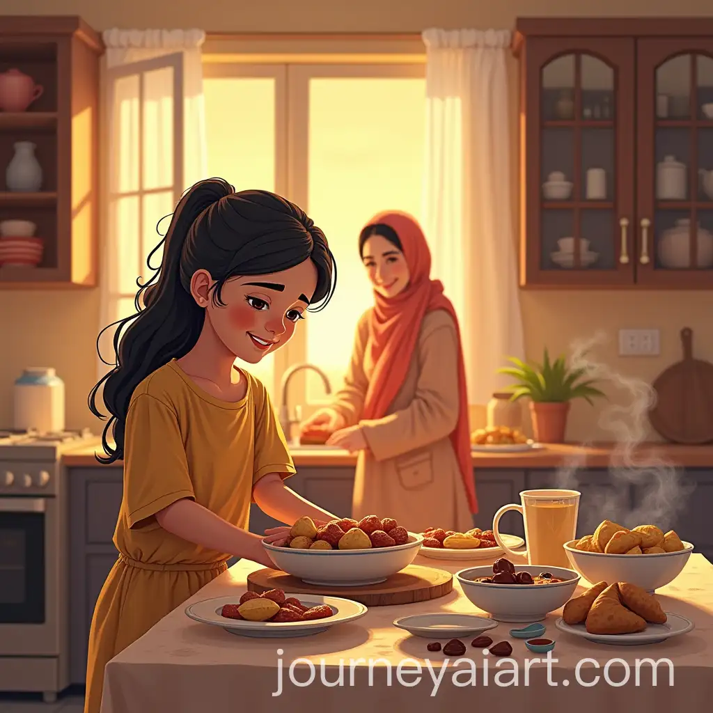 Girl-Helping-Mother-in-the-Kitchen-with-Traditional-Foods-and-Sunset-View