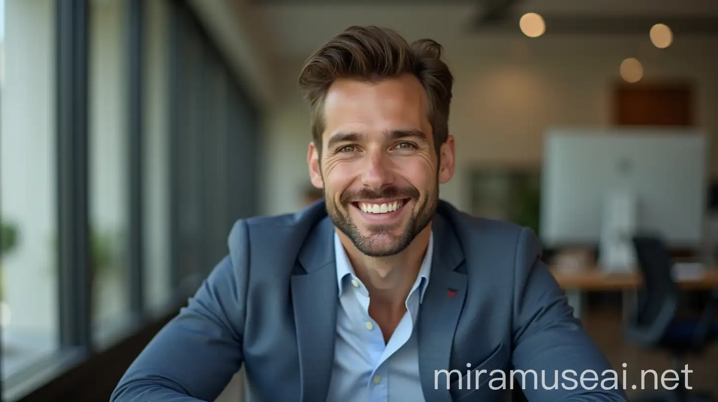 Handsome Brunette Man in Office FrontFacing Portrait