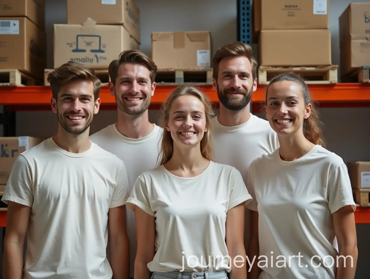 Group-of-Young-Adults-in-Light-TShirts-Surrounded-by-Warehouse-Shelves