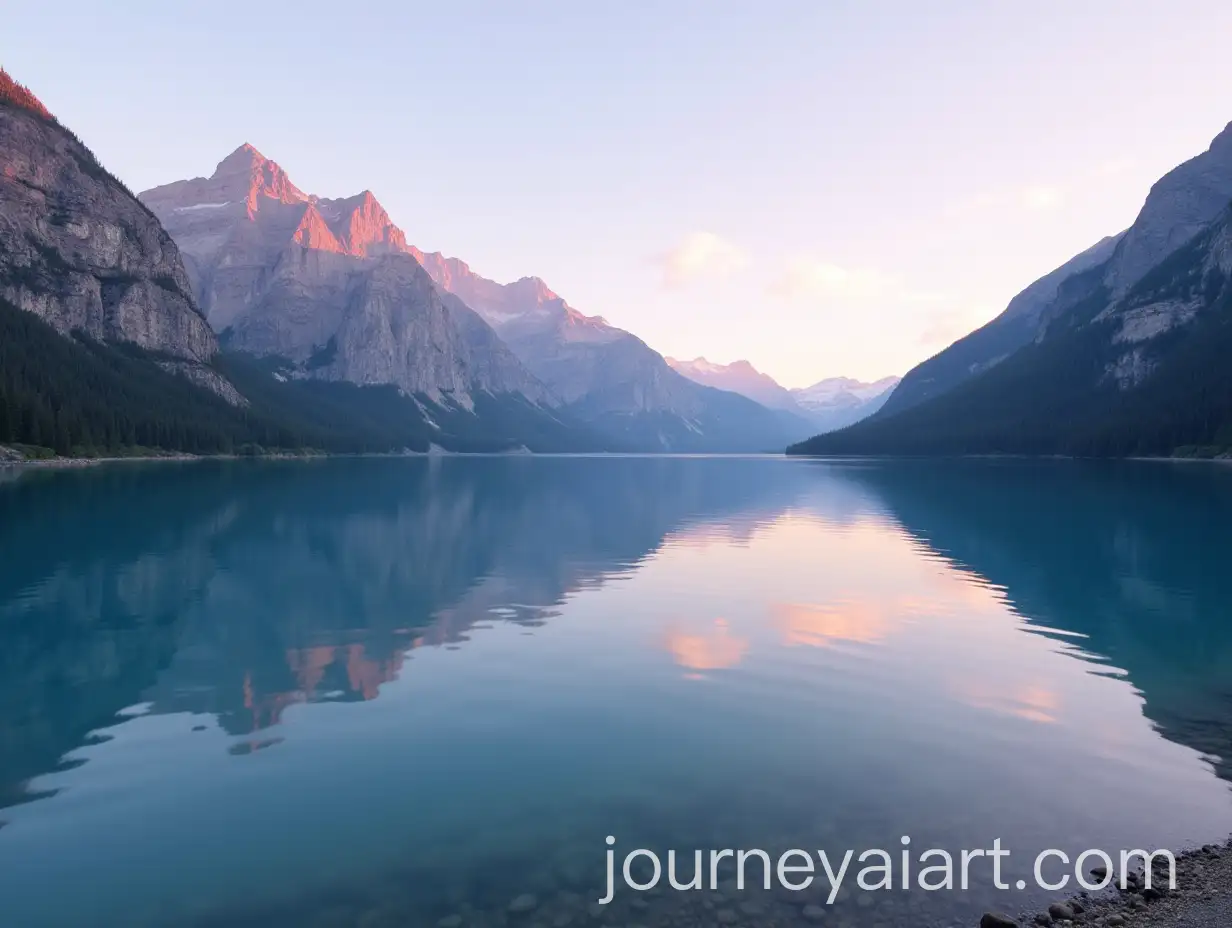 Serene-Mountain-Lake-at-Dawn-Reflecting-Majestic-Peaks-and-Pastel-Sky