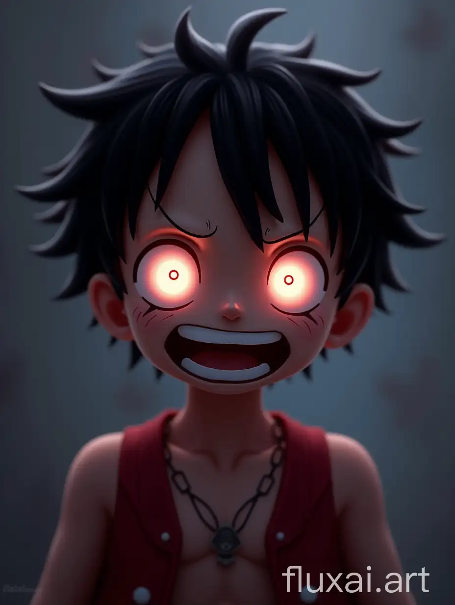 Luffy,dark anime horror kawaii ,big eyes,glowing details,anime 3D,digital art