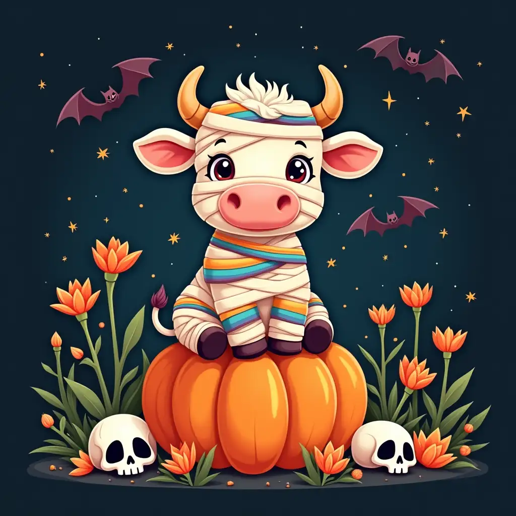 Create a whimsical Halloween-themed graphic featuring a cute, mummy-wrapped Highland cow sitting on a pumpkin. The Highland cow should have large, expressive eyes and a cheerful smile. The mummy bandages should be wrapped in a colorful rainbow pattern. Surround the cow with bats, skulls, and various Halloween-themed flowers. The background should be a dark, starry night sky. The overall style should be playful and adorable, with a touch of spookiness.