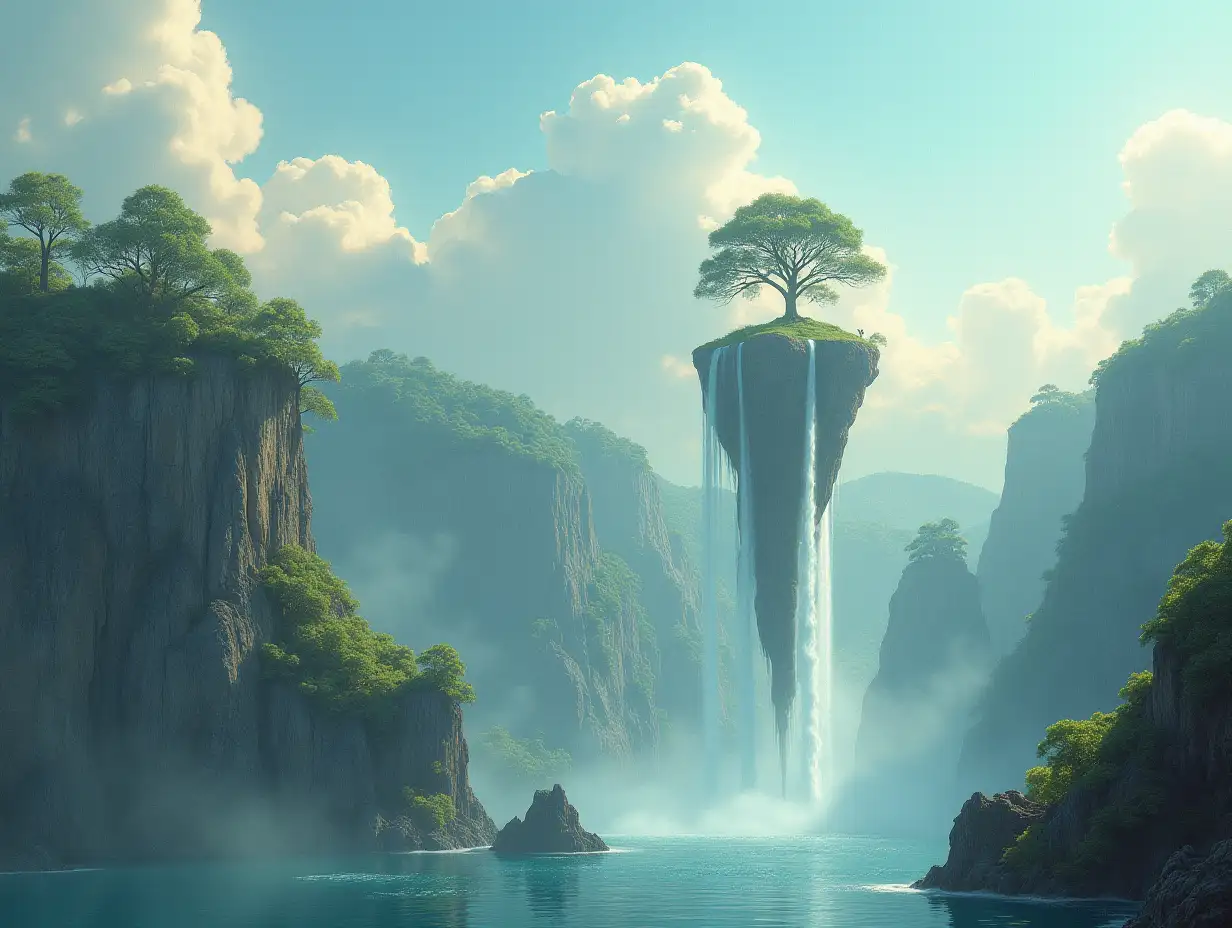 surreal world with floating islands and waterfall