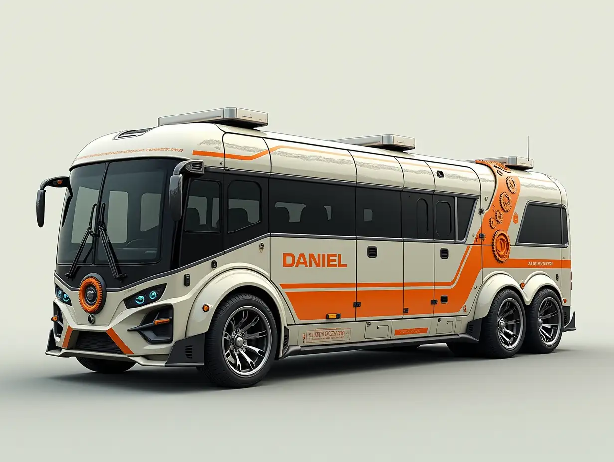 A supermodern utopian armed Sports Omnisbus with a shield with the name DANIEL, orange stripes on the side with gears, lowered body, 18-inch rims, aluminum wheels, cream silver black Cyberpunk.