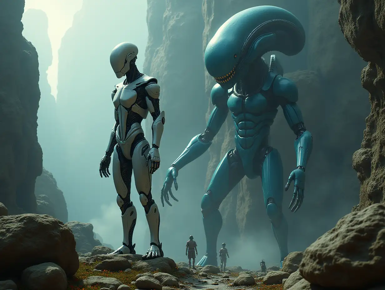 Create AI fantasy with a high-resolution, realistic image of the 40 meter tall artificial Robert and Alien, with battle robots and cells on the Alien on Pandora 4k resolution