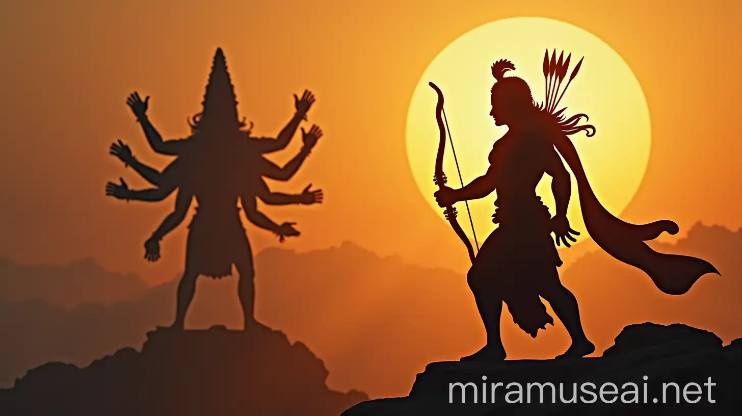 Lord Rama Silhouette with Bow and Arrow Defeating Multiheaded Ravana