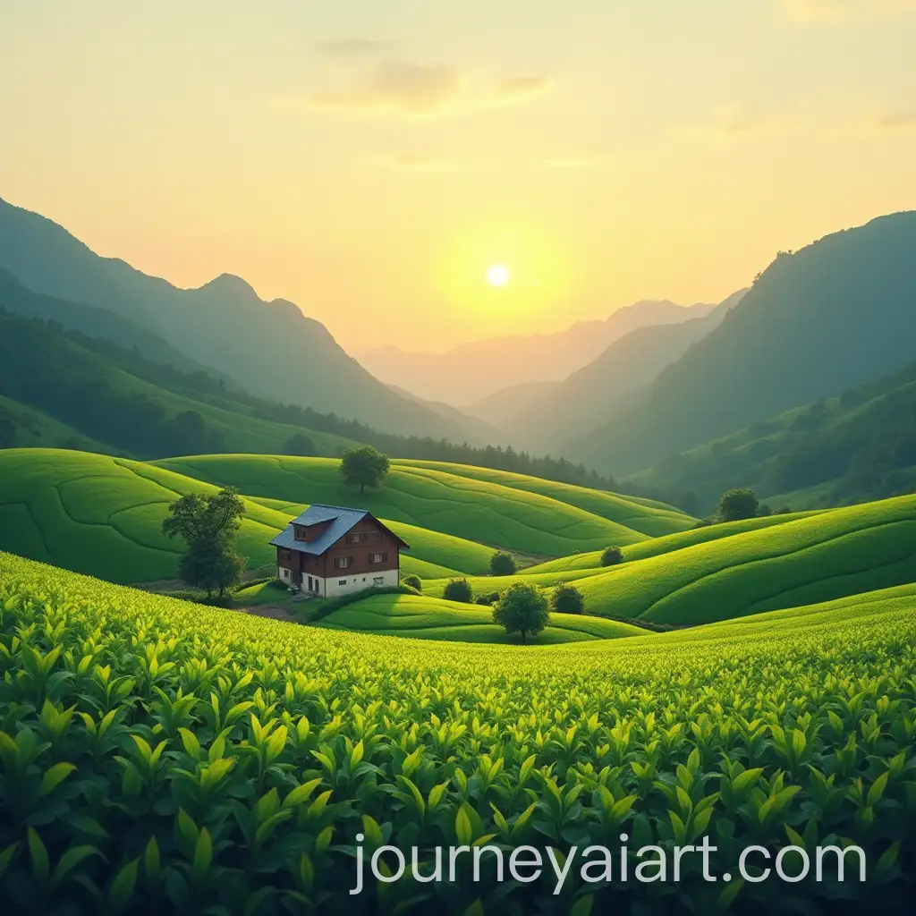 Sunset-Over-Green-Tea-Farm-with-Farmer-Harvesting-Vegetables