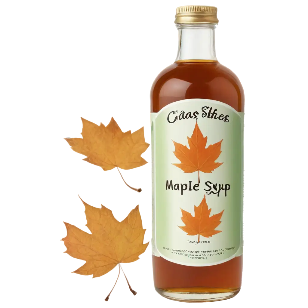 A glass bottle of maple syrup with a leaf label, icon style.