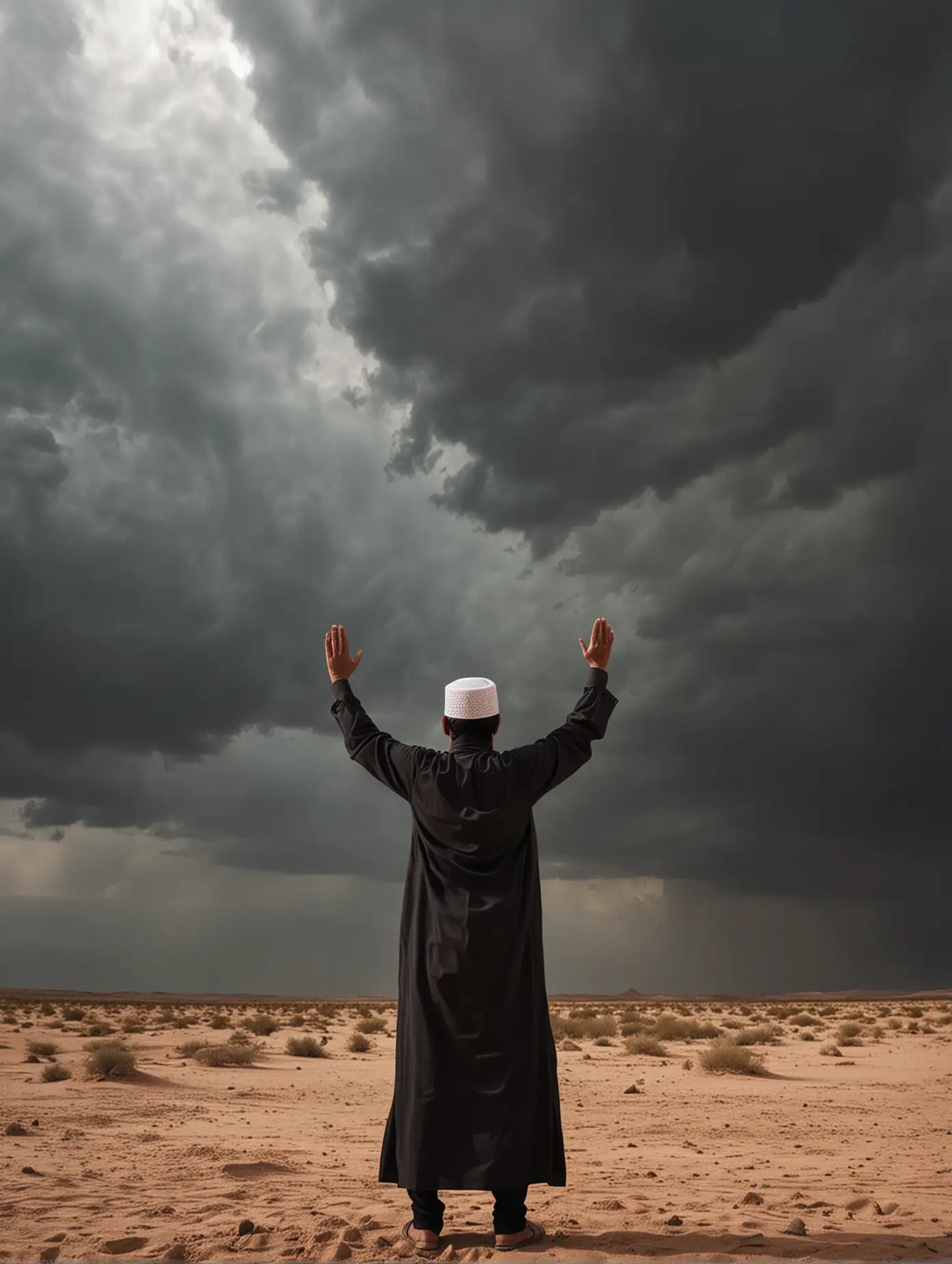 A Muslim man is standing in the desert with his hands raised. The sky is covered with dark clouds. Back view.