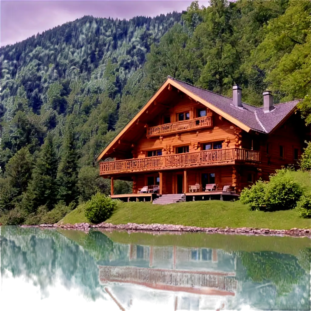 Stunning-Log-Cabin-in-the-Alps-PNG-with-Scenic-Lake-View-and-Lush-Trees