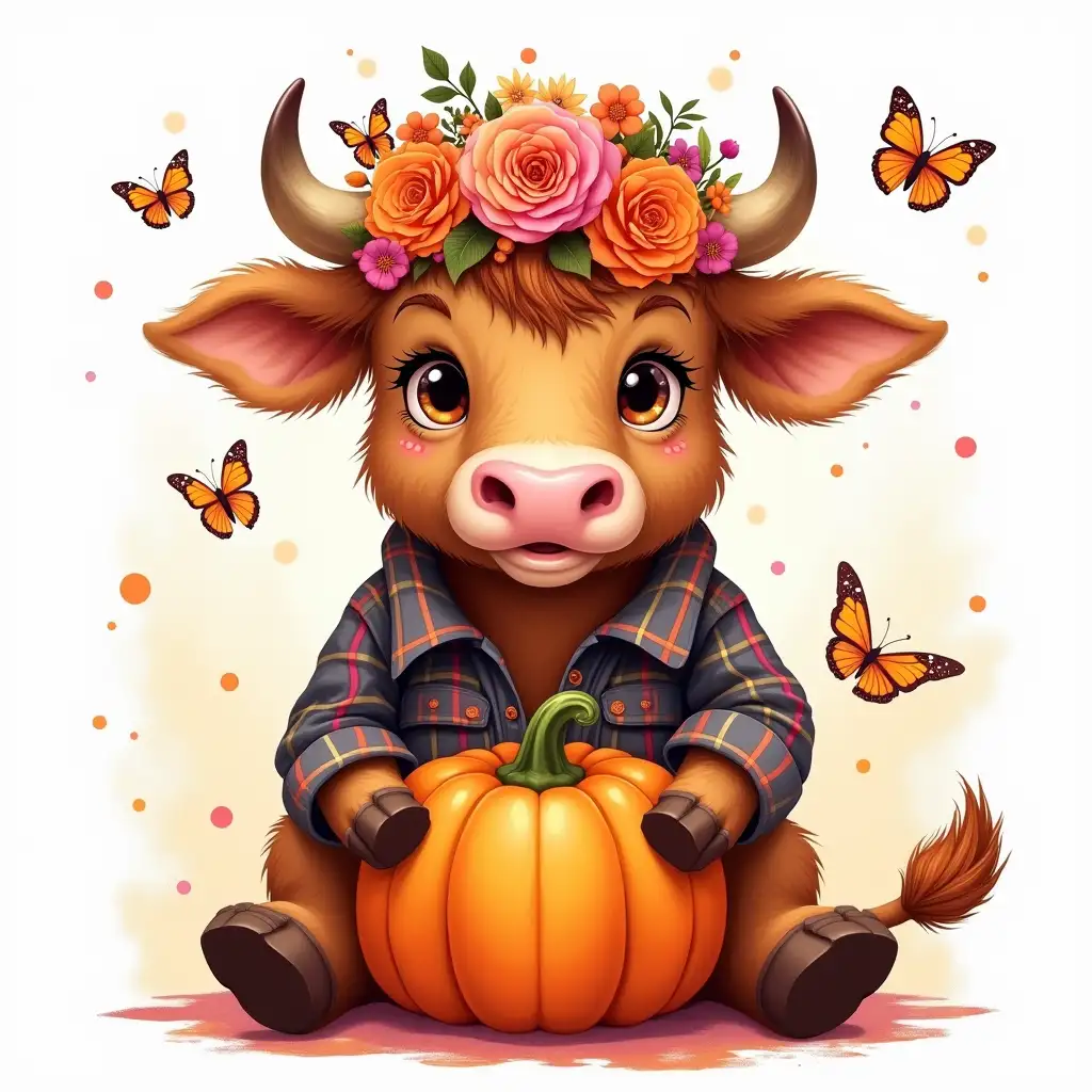 Create a Halloween-themed triptych featuring a cute Highland cow adorned with a colorful floral crown. The cow should be wearing a plaid shirt and holding a jack-o'-lantern. Butterflies and splatters of paint should surround the cow. The overall style should be lighthearted and fun, with a touch of cuteness.