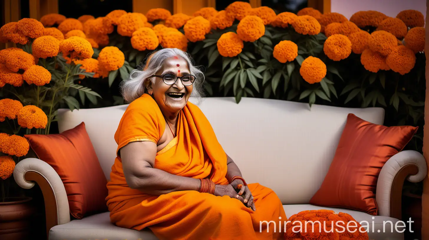 Elderly Indian Hindu Woman Monk in Luxurious Marigold Garden