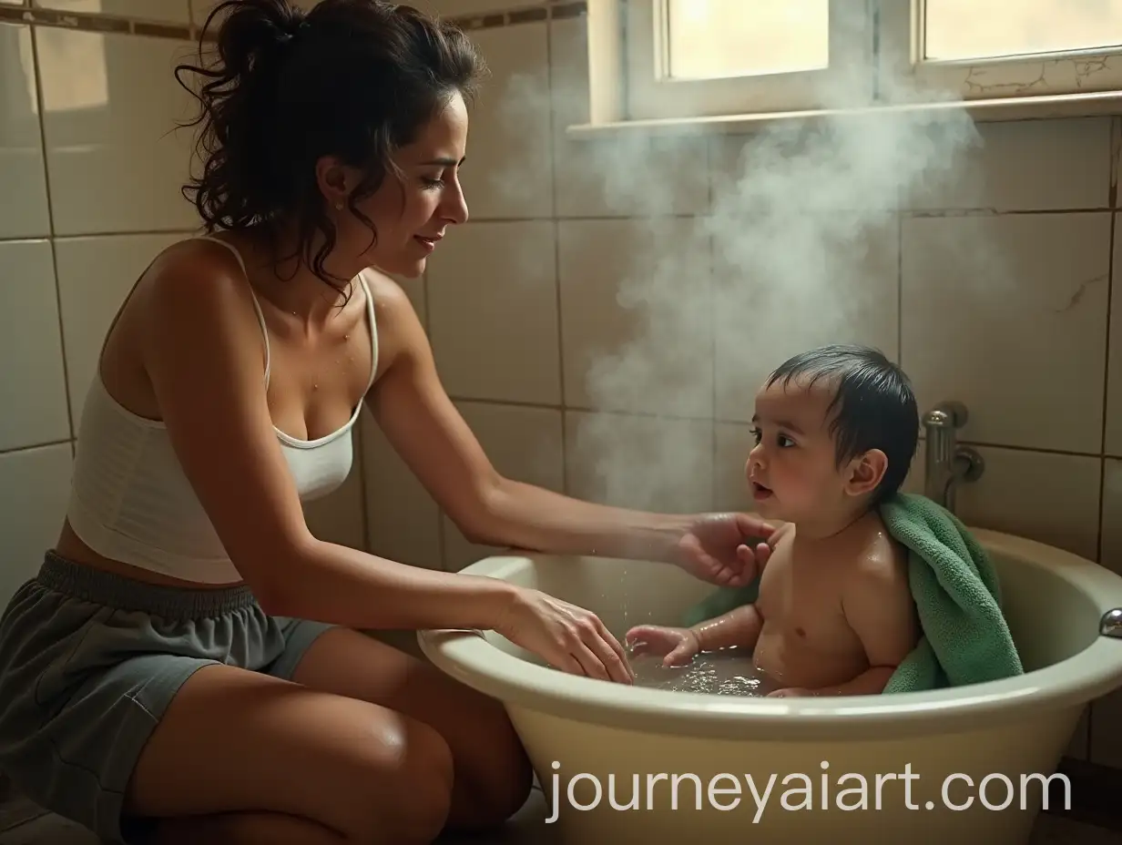 Persian-Mother-Bathing-Her-Infant-in-a-Steamy-Bathroom-with-Soft-Golden-Light