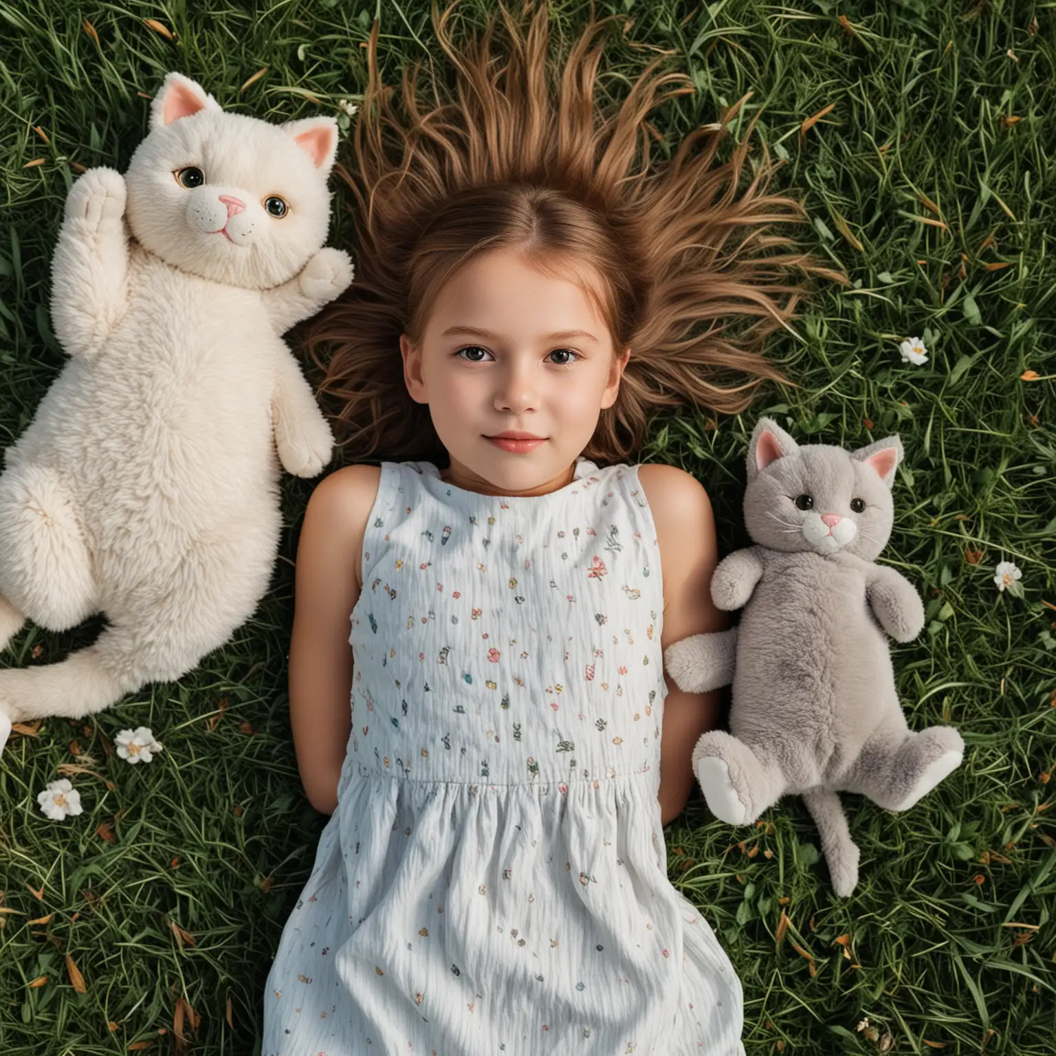 Little-Girl-Relaxing-on-the-Grass-with-a-Plush-Cat-Toy