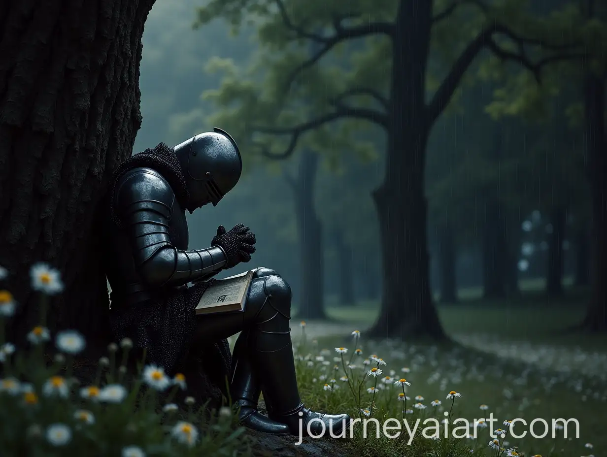 German-Knight-in-1410-Praying-Under-a-Tree-with-Cross-Book-in-the-Rain