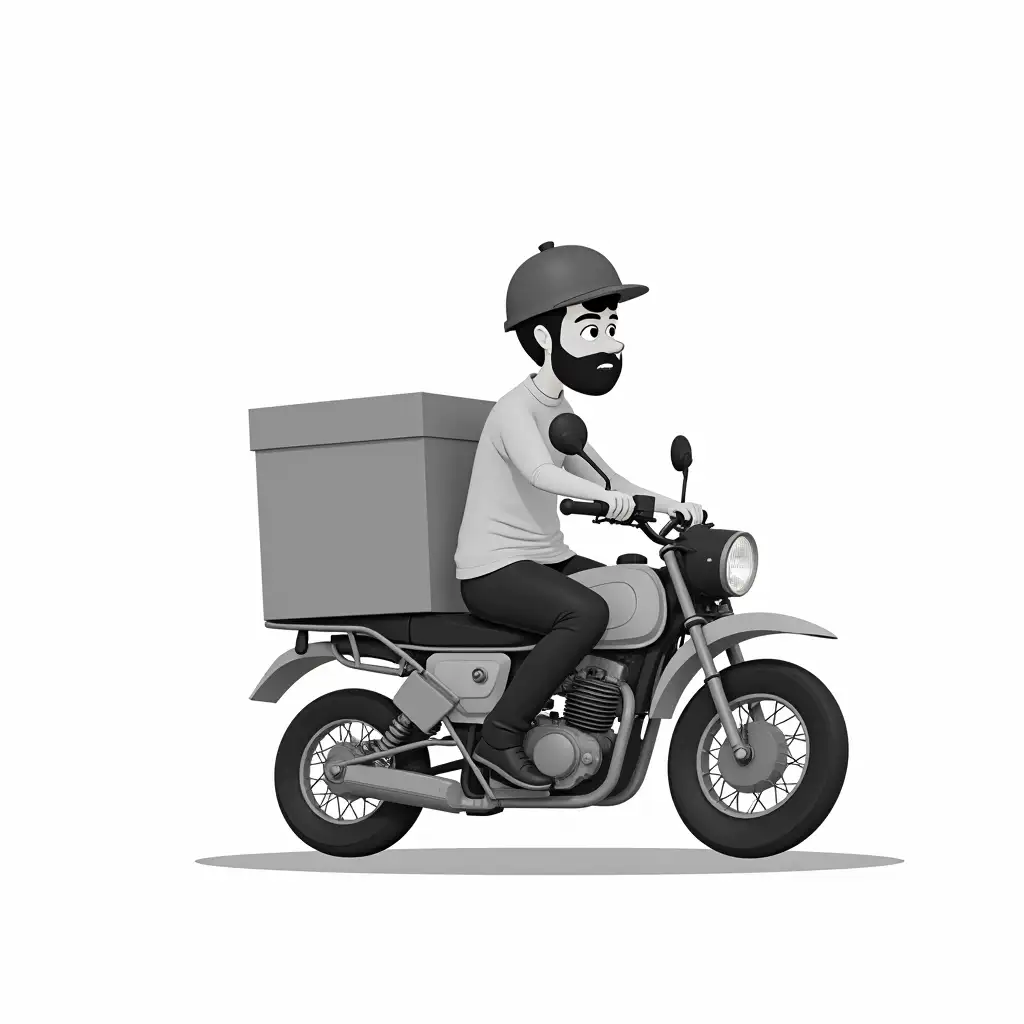 A man riding a motorbike and a big box behind, cartoon, PNG, black and white