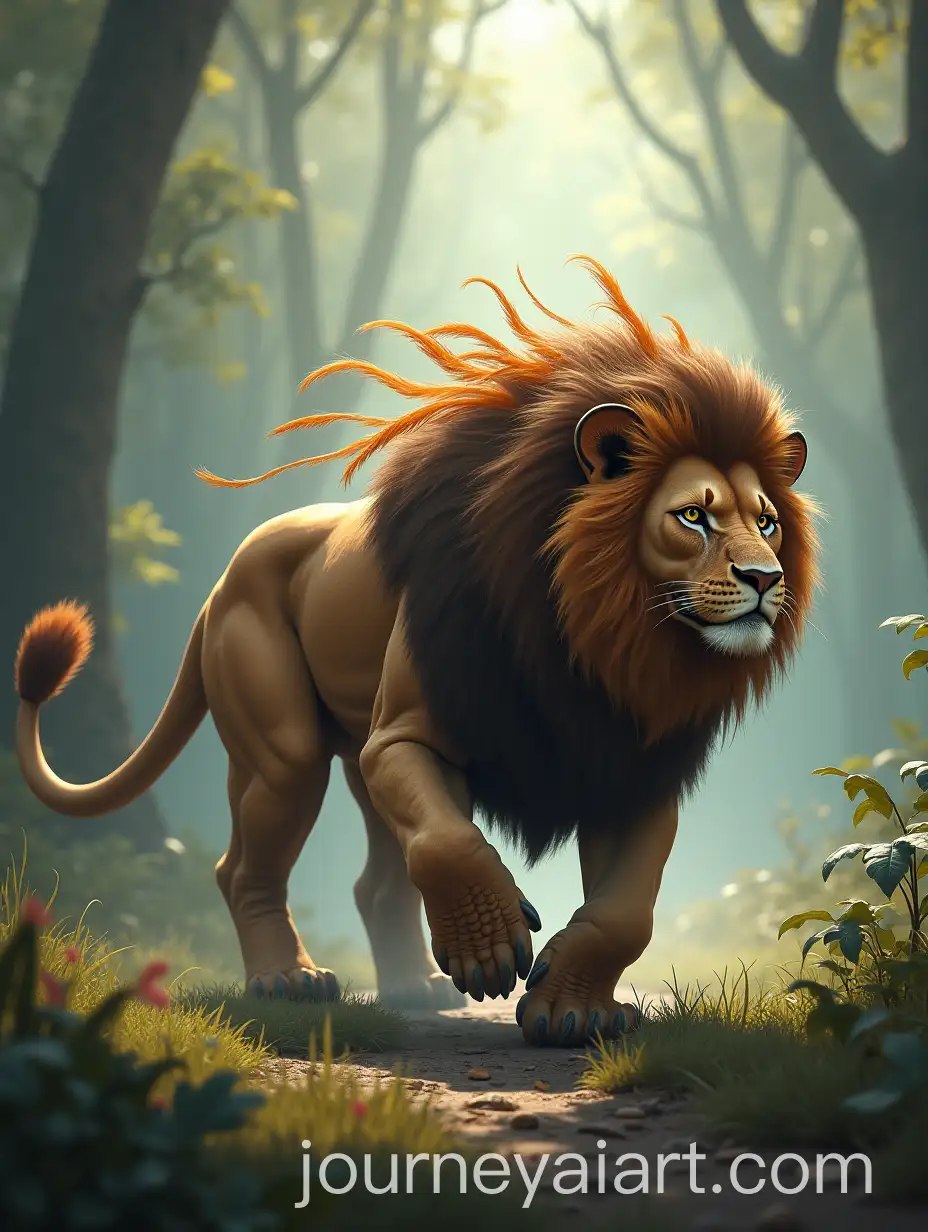 Majestic-Muscular-Lion-with-Feathered-Tail-and-Scaled-Paws-in-Misty-Forest