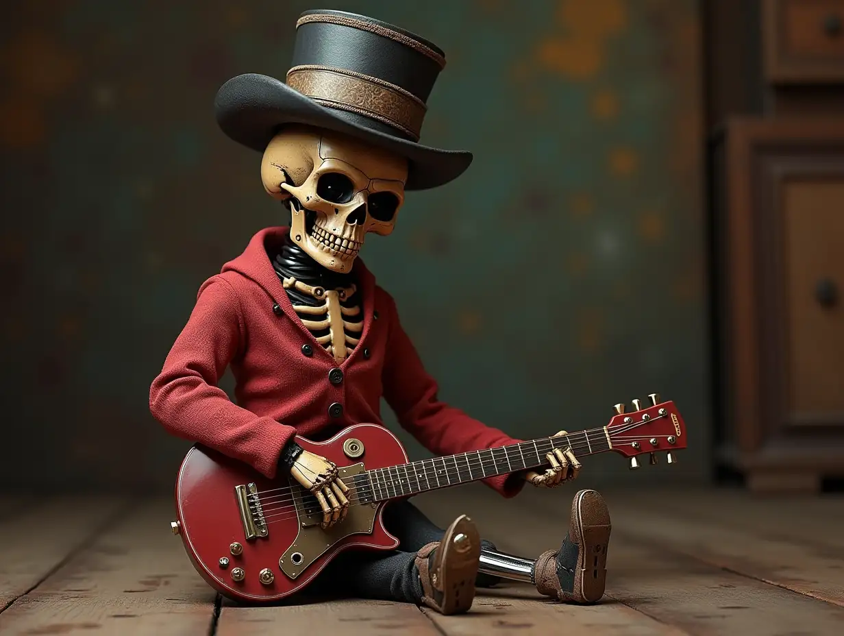 Create a high-resolution, realistic image of a robot with a skeleton body, red porcelain hands and head, a sweater, a Steampunk top hat, and a guitar on the floor in 4K resolution (Steampunk 8K quality).