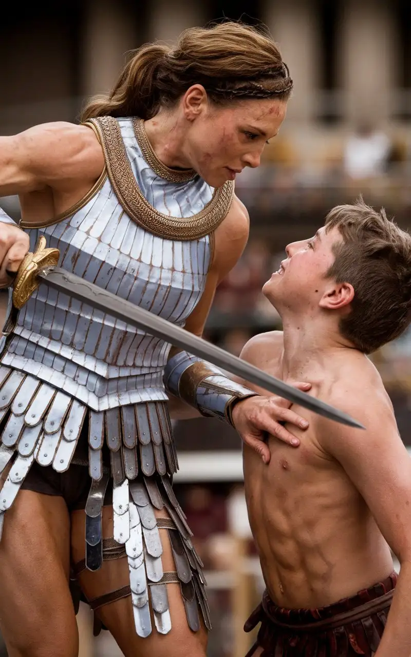 Cinematic-Gladiator-Duel-Between-Beautiful-Warrior-and-Enchanted-Teenager