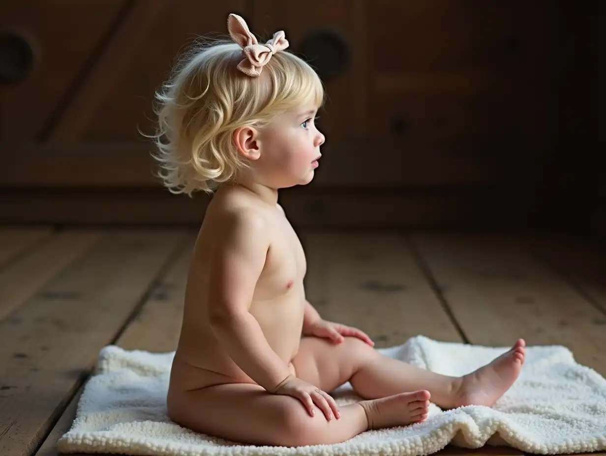 Slender-Little-Girl-Sitting-on-Blanket-in-Barn-with-Wavy-Blonde-Hair