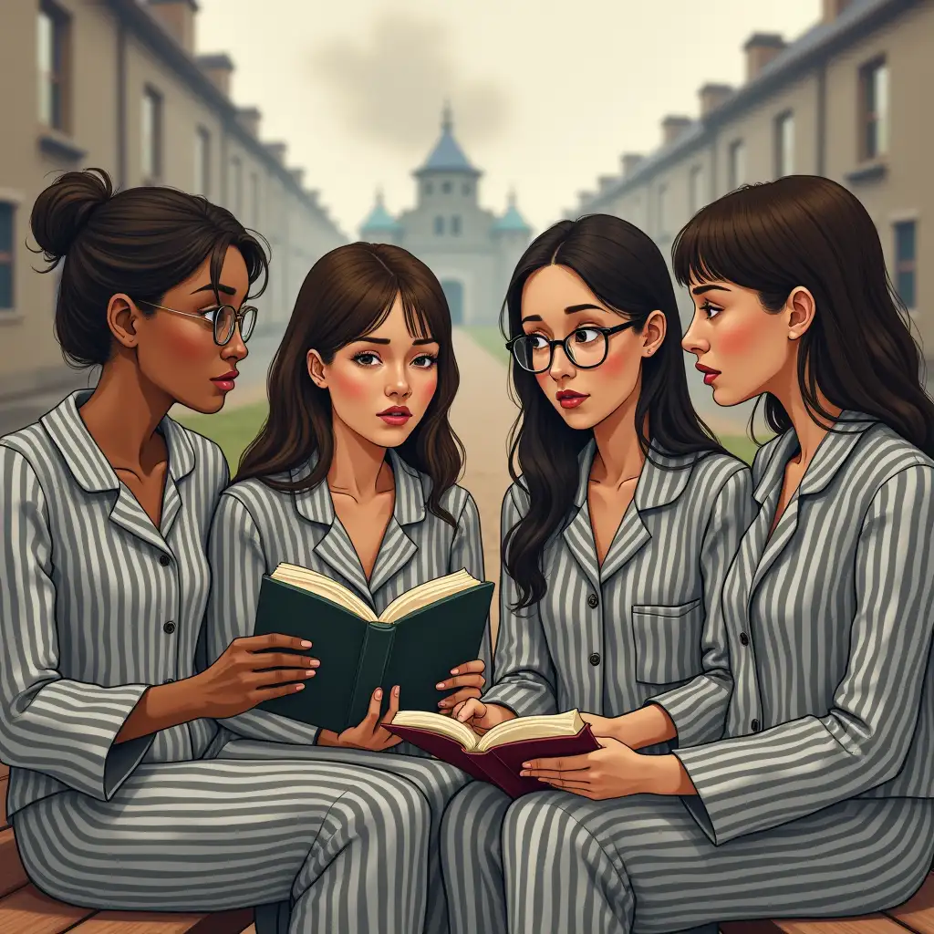 Act as an expert in storyboard illustration creation and design 'Image OF a group of people reading the book with grey striped pajamas, with expressions of concern and debate. In the background, a blurred image of a concentration camp, symbolizing the controversy over the representation of the Holocaust'