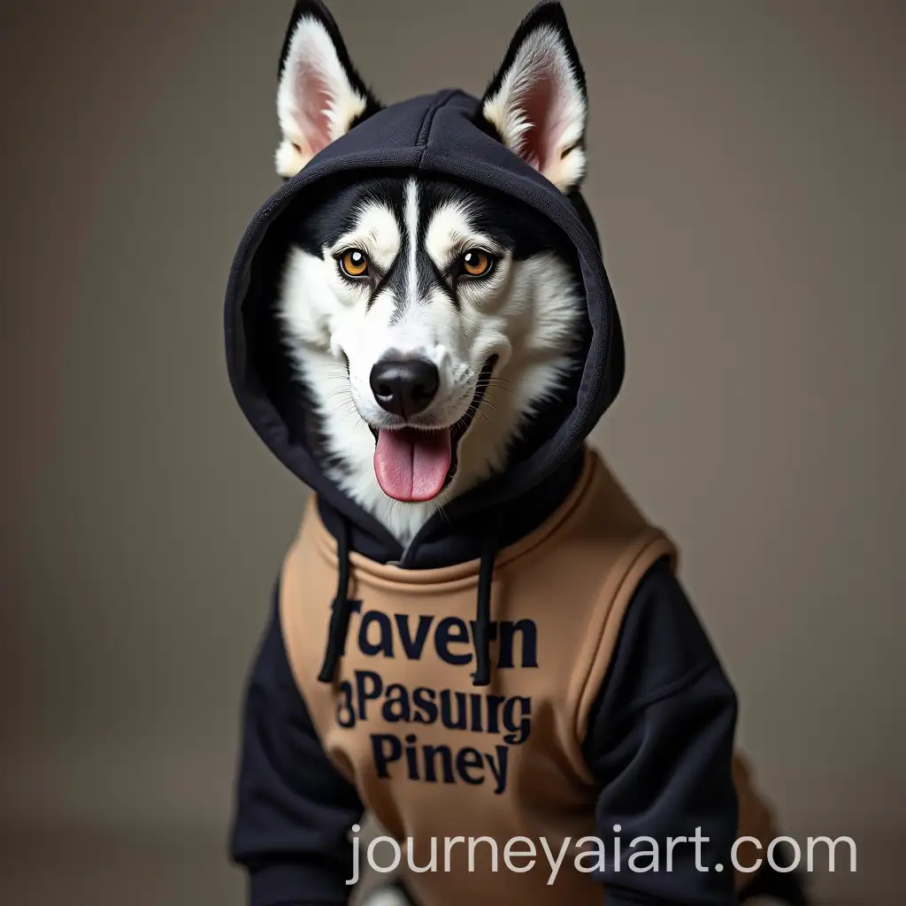Husky-Dog-Wearing-Hoodie-with-Tavern-Prancing-Pony-Inscription-in-Hyperrealistic-Style