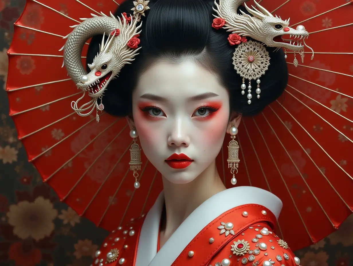 A beautiful geisha woman in a thin, transparent red kimano studded with white pearls, pearl jewelry with a silver dragon in her black hair, made in the style of gloomy fantasy surrealism with ultra-intricate details. Oil painting, realism. The background is in oriental style