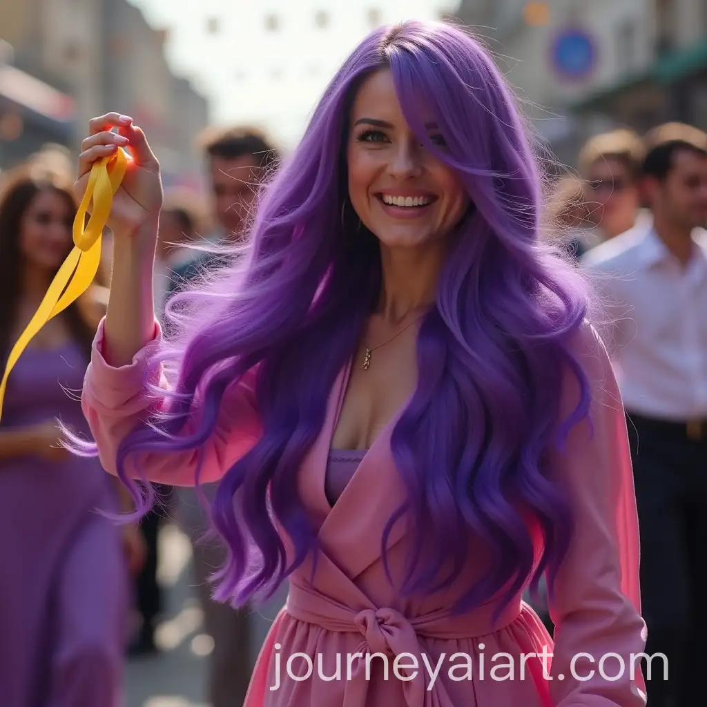 Joyful-Woman-Dancing-with-Purple-Hair-and-Yellow-Ribbon-in-a-Celebratory-Scene