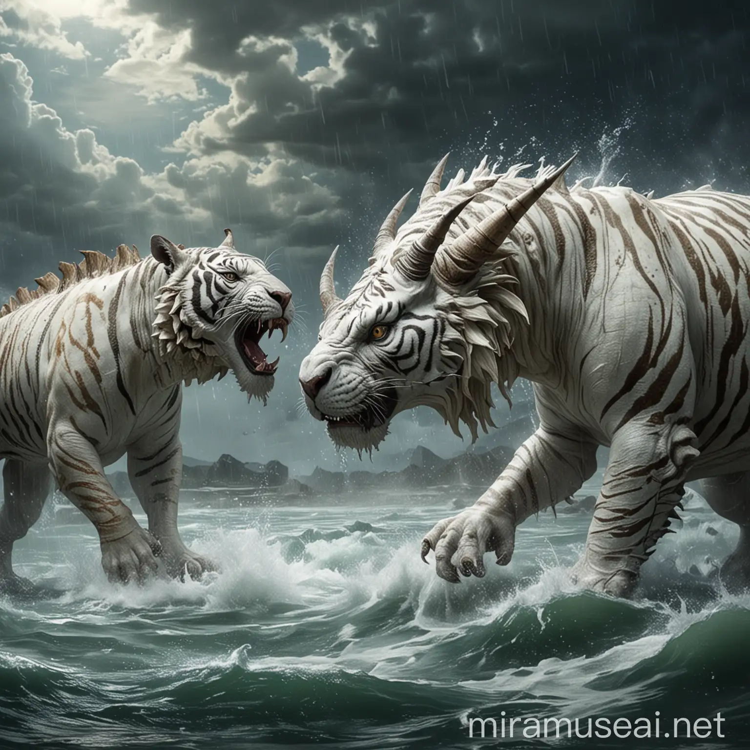 Mythical Showdown Lunar White Tiger Battling Water Triceratops