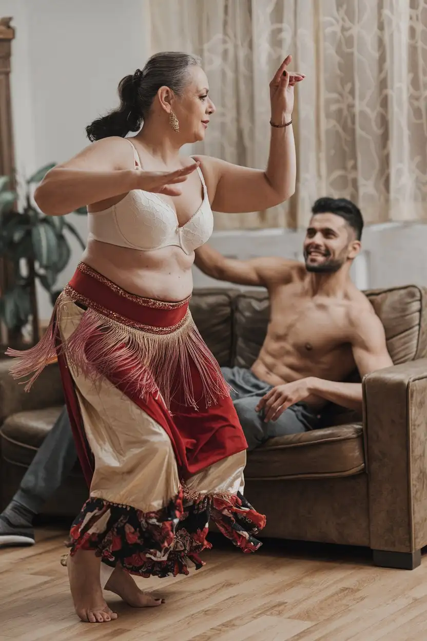 MiddleAged-Woman-Dancing-Belly-Dance-for-Her-Lover-in-Living-Room