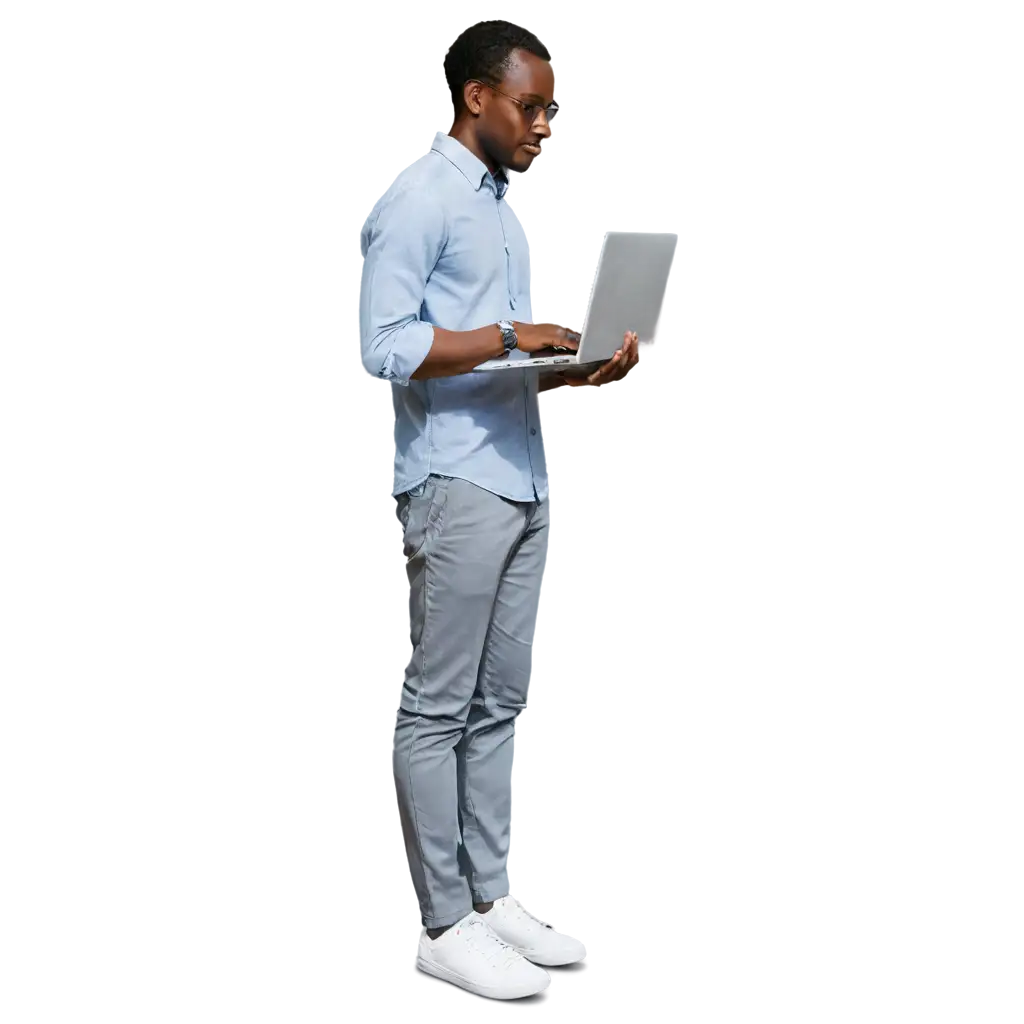 an African guy reception standing with an opened laptop