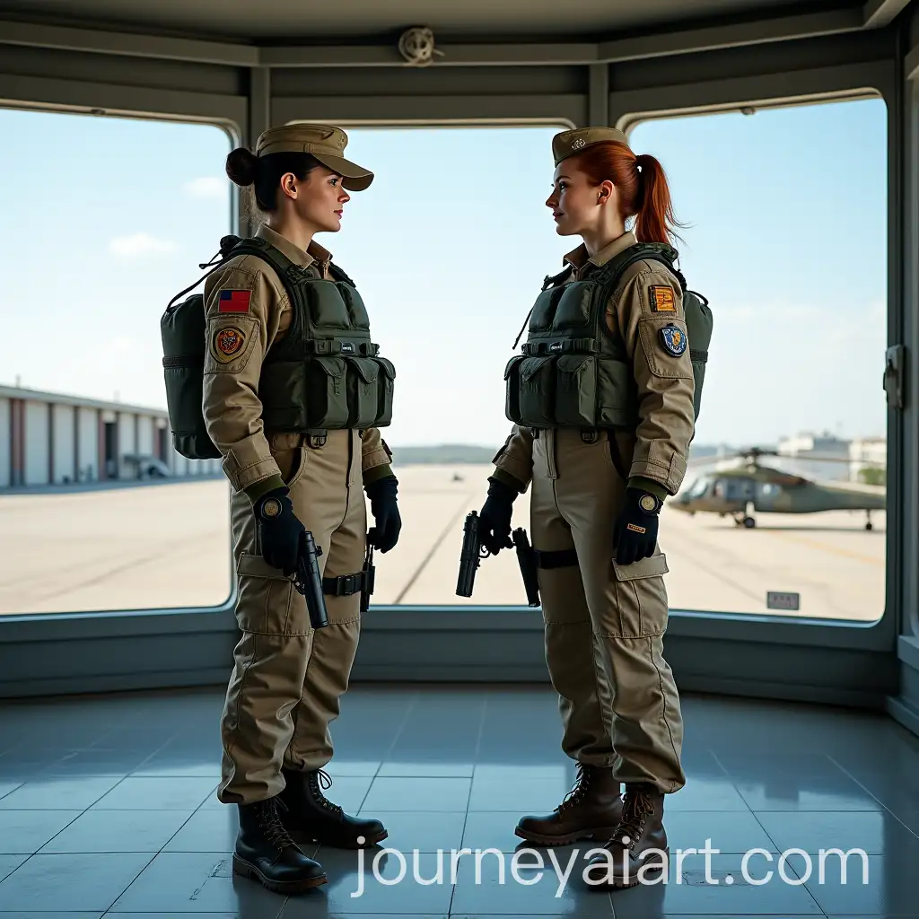 Three-Athletic-Russian-Military-Women-in-Camouflage-at-Flight-Director-Tower-Overlooking-Military-Airfield