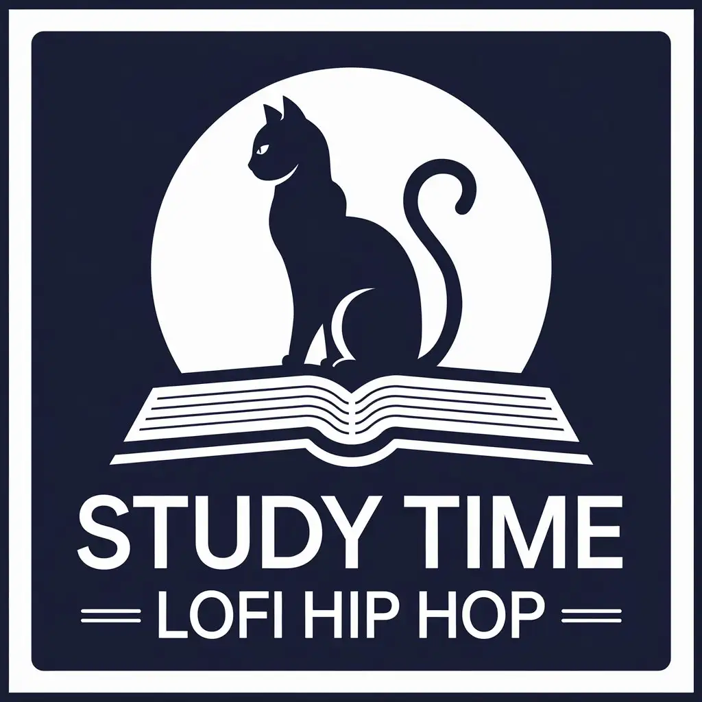 LOGO Design for Study Time Lofi Hip Hop Cat Silhouette on Book in Navy Blue White Monotone