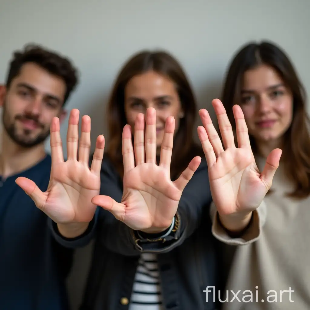 There are three people in the photo. They stand in a row and pose with their two hands raised. Everyone's fingers are clearly visible.