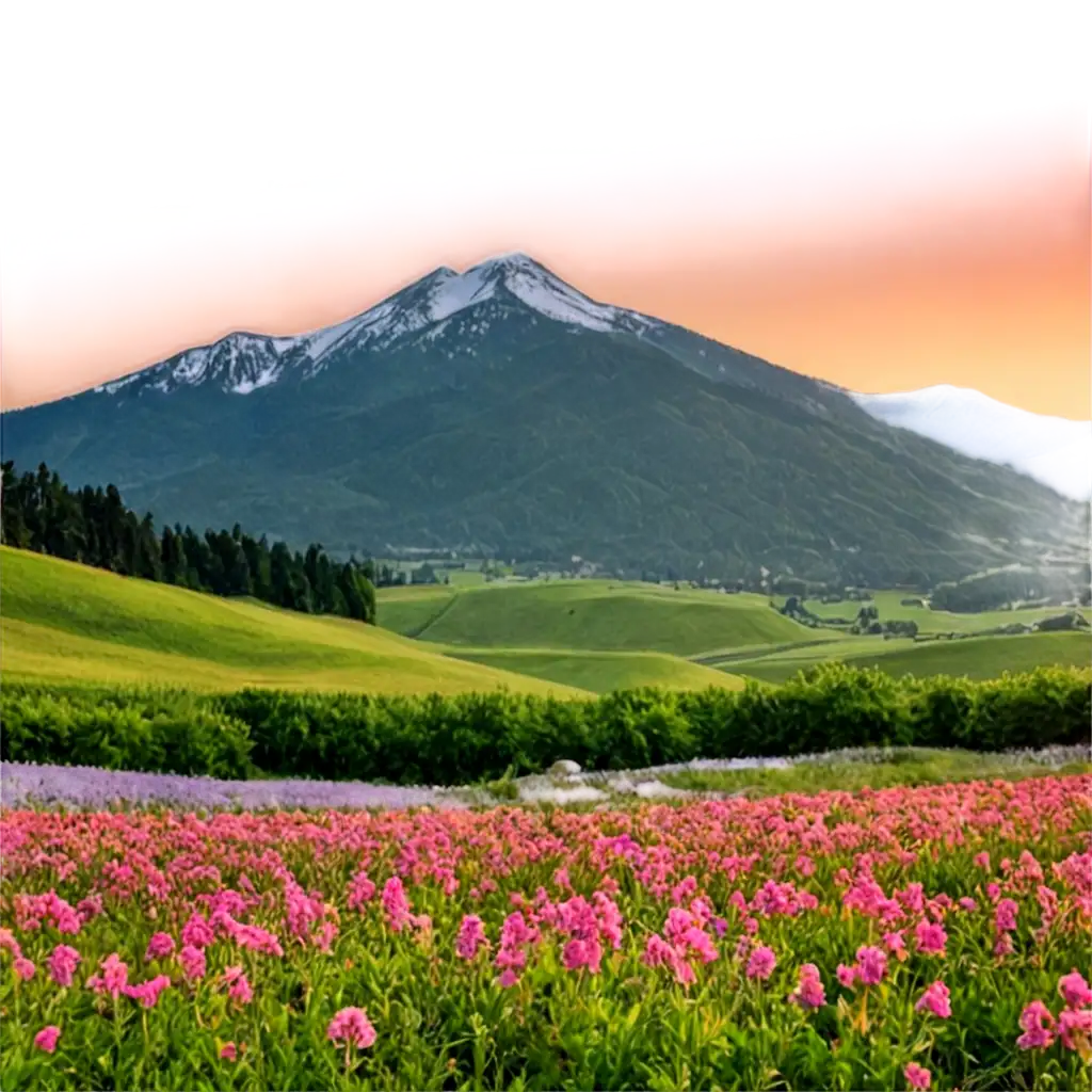 The image shows a beautiful field of flowers with a mountain in the background, during either sunset or sunrise. The sky is filled with clouds, adding to the picturesque view.