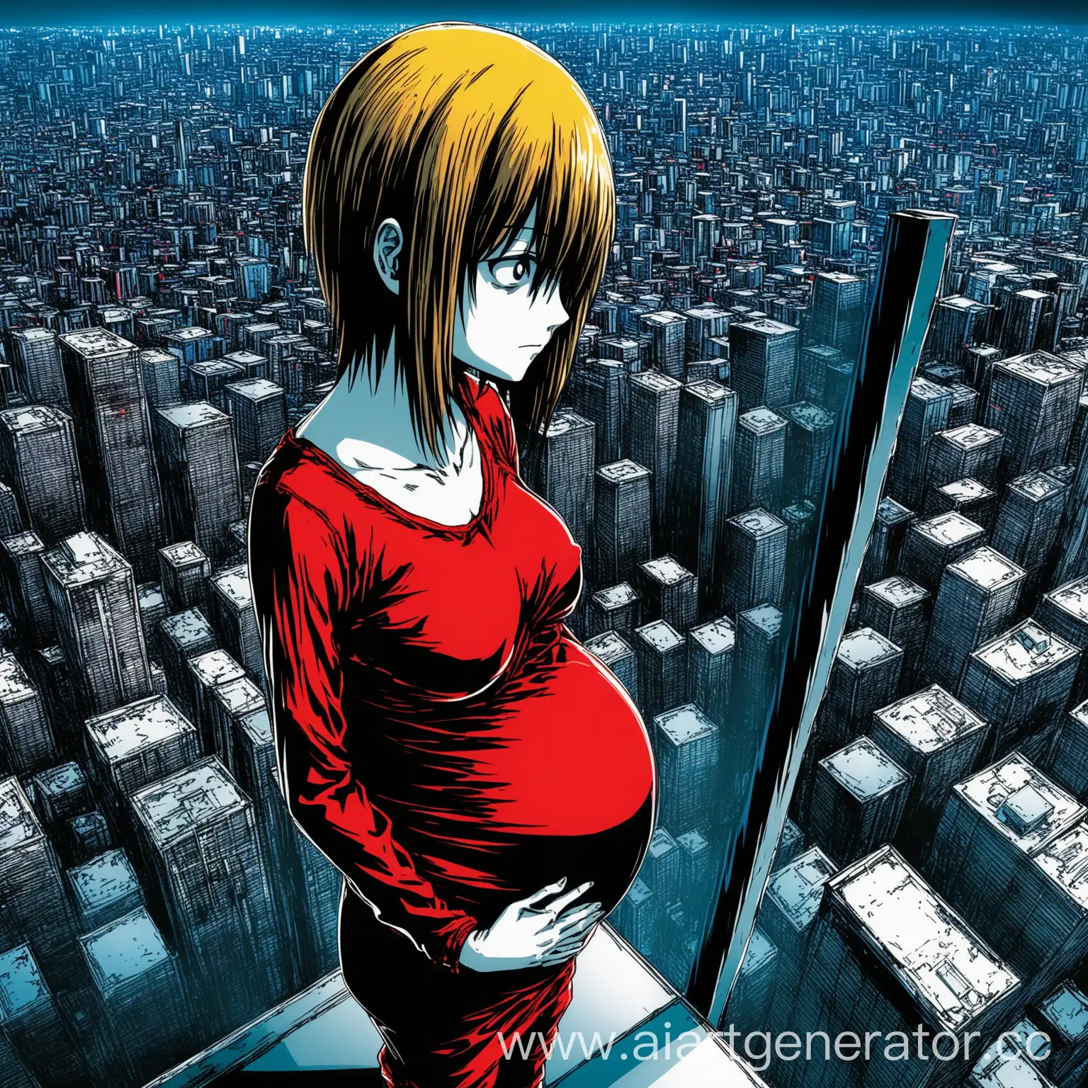 Pregnant-Heroine-from-Death-Note-Overlooking-a-City-from-a-Skyscraper