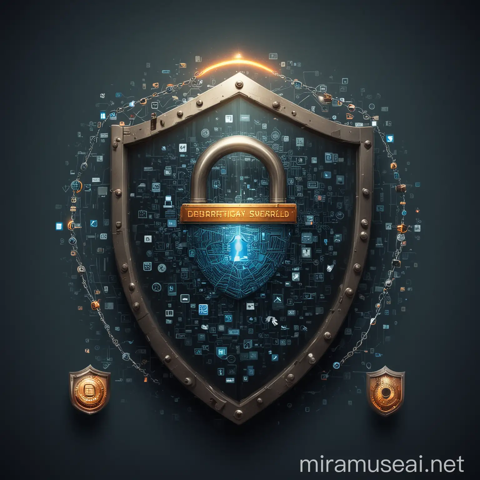 Cybersecurity Shield Protecting Web Application with Code and Padlocks