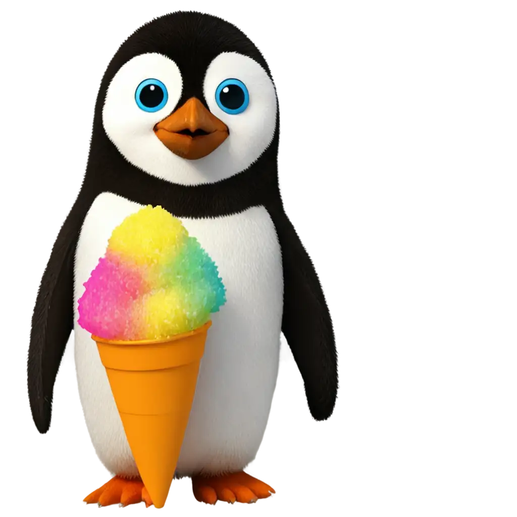 Comical-Penguin-Eating-a-Brightly-Coloured-Snow-Cone-PNG-Image