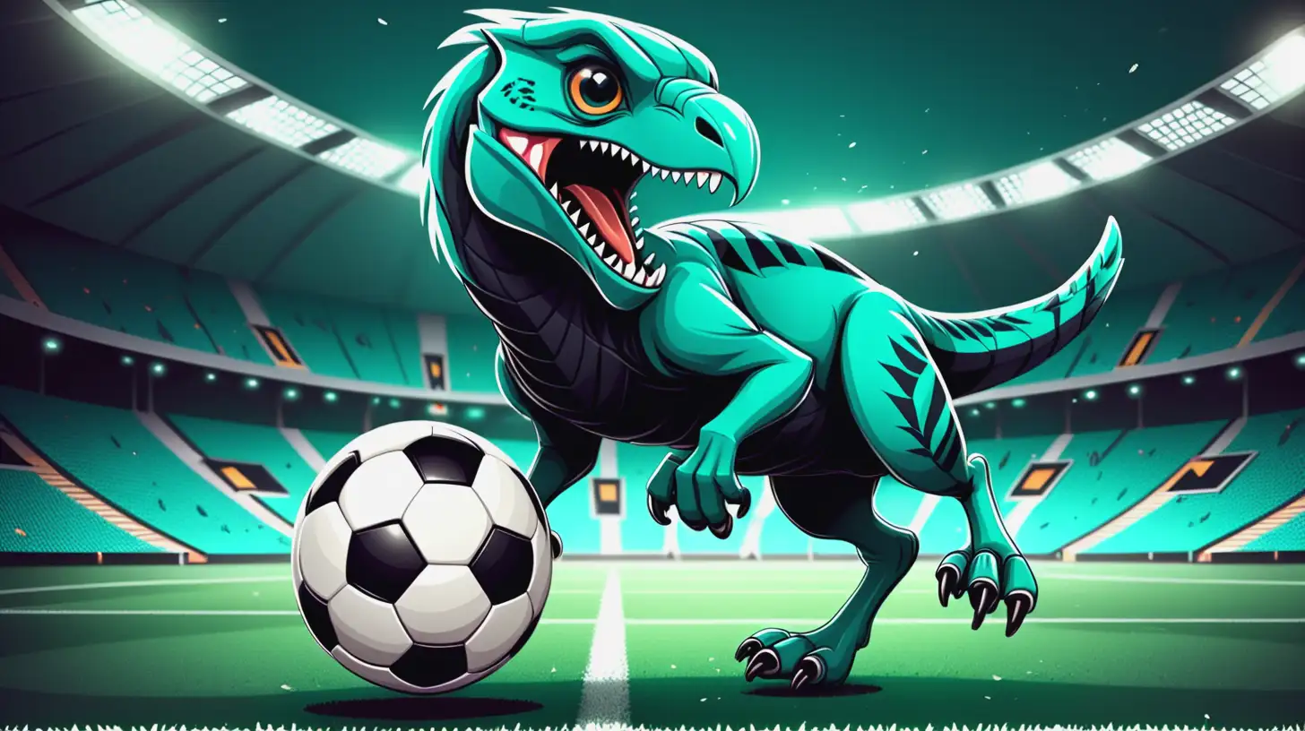 Cartoon Raptors Playing Soccer with Teal and Black Colors