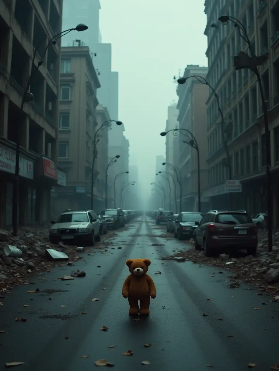 A city devastated after a bombing, with buildings destroyed and debris scattered across the streets. The scene is chaotic, with overturned cars, broken streetlights, and collapsed infrastructure. In the middle of the deserted street, a lone teddy bear stands intact, untouched by the destruction around it. The atmosphere is somber and eerie, with a sense of desolation. The lighting is dim, adding to the feeling of a post-apocalyptic world.