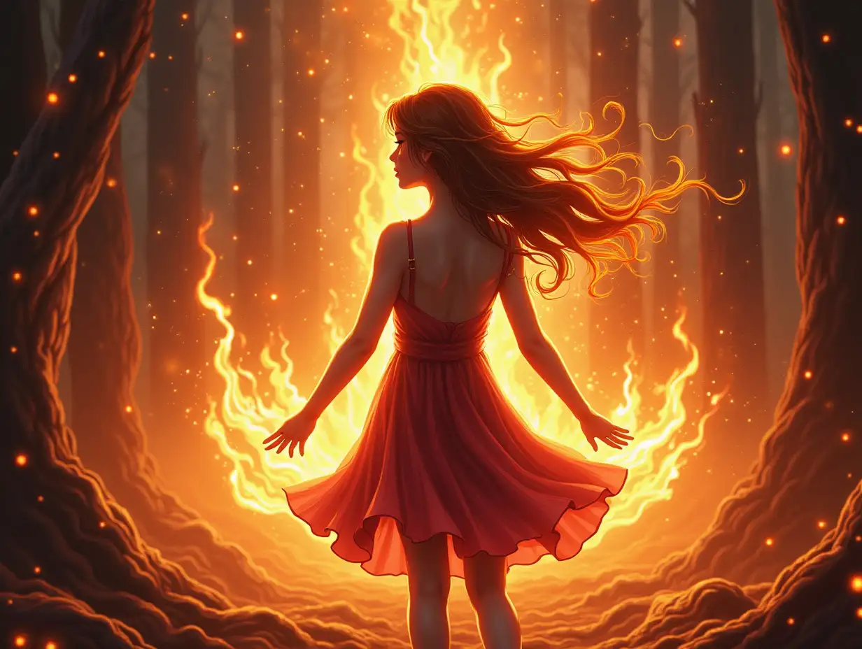 Draw a girl from the magical world and magic that reflects fire coming at her from all sides