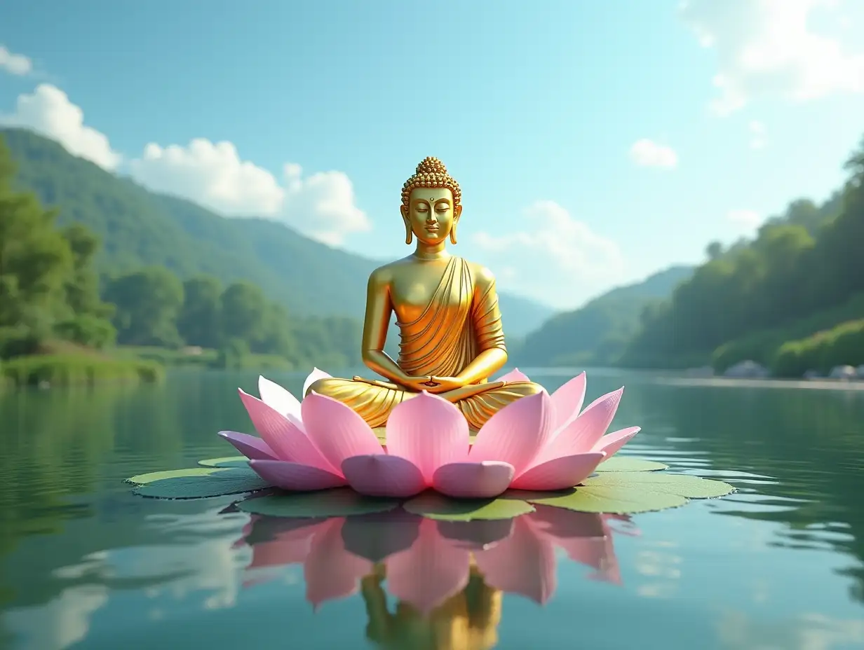 Giant-Golden-Buddha-Meditating-in-Blooming-Lotus-Flower-on-Tranquil-Lake