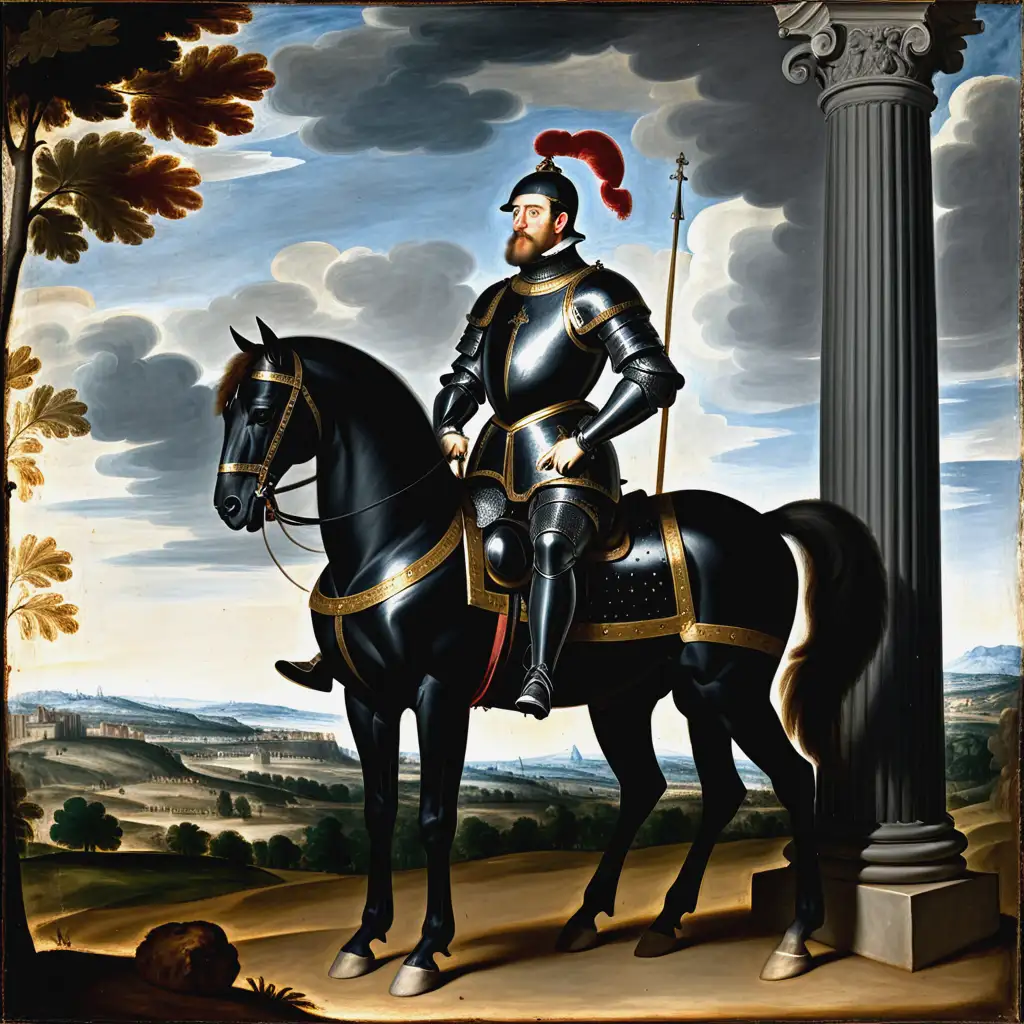 King-Philip-II-of-Spain-in-Black-Armor-on-Horseback-Overlooking-the-Landscape