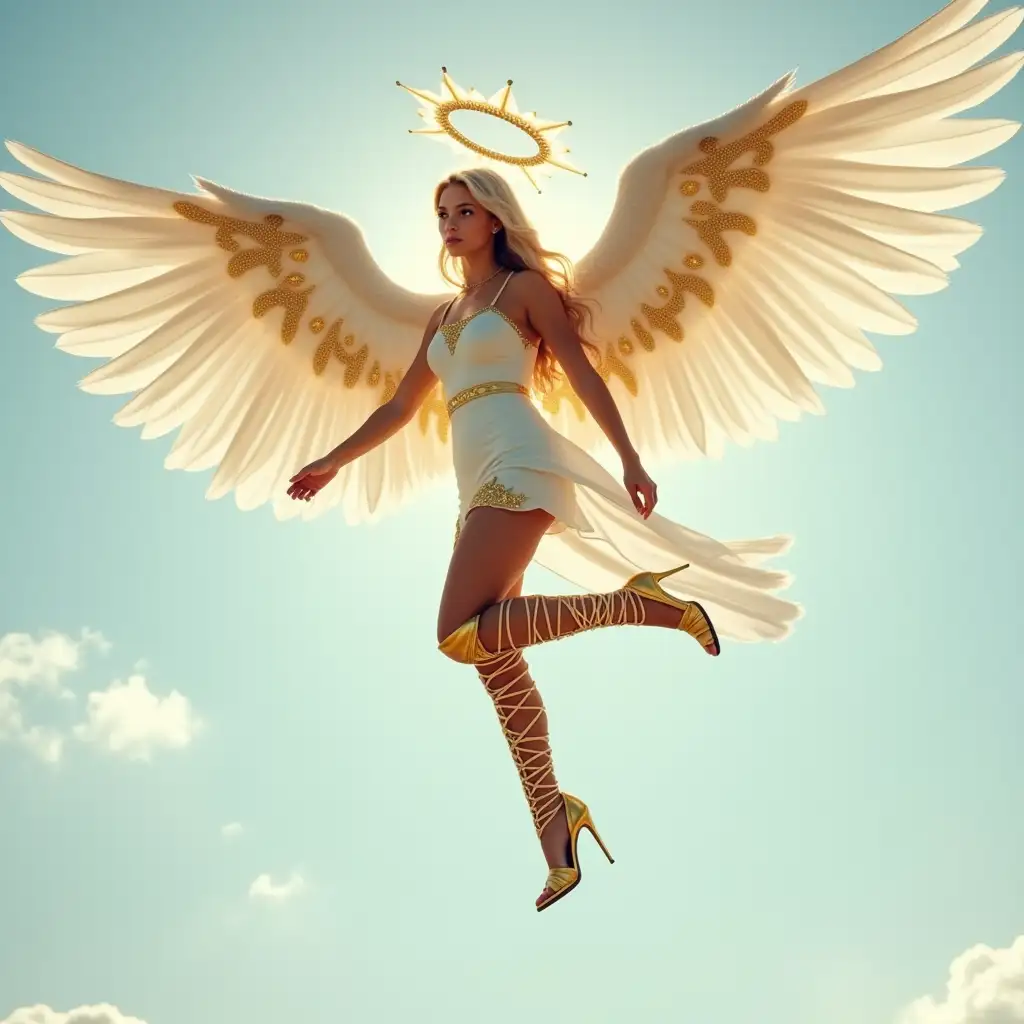 Blonde-Angel-Girl-with-Large-Wings-in-White-Tunic-and-Golden-Gladiator-Boots